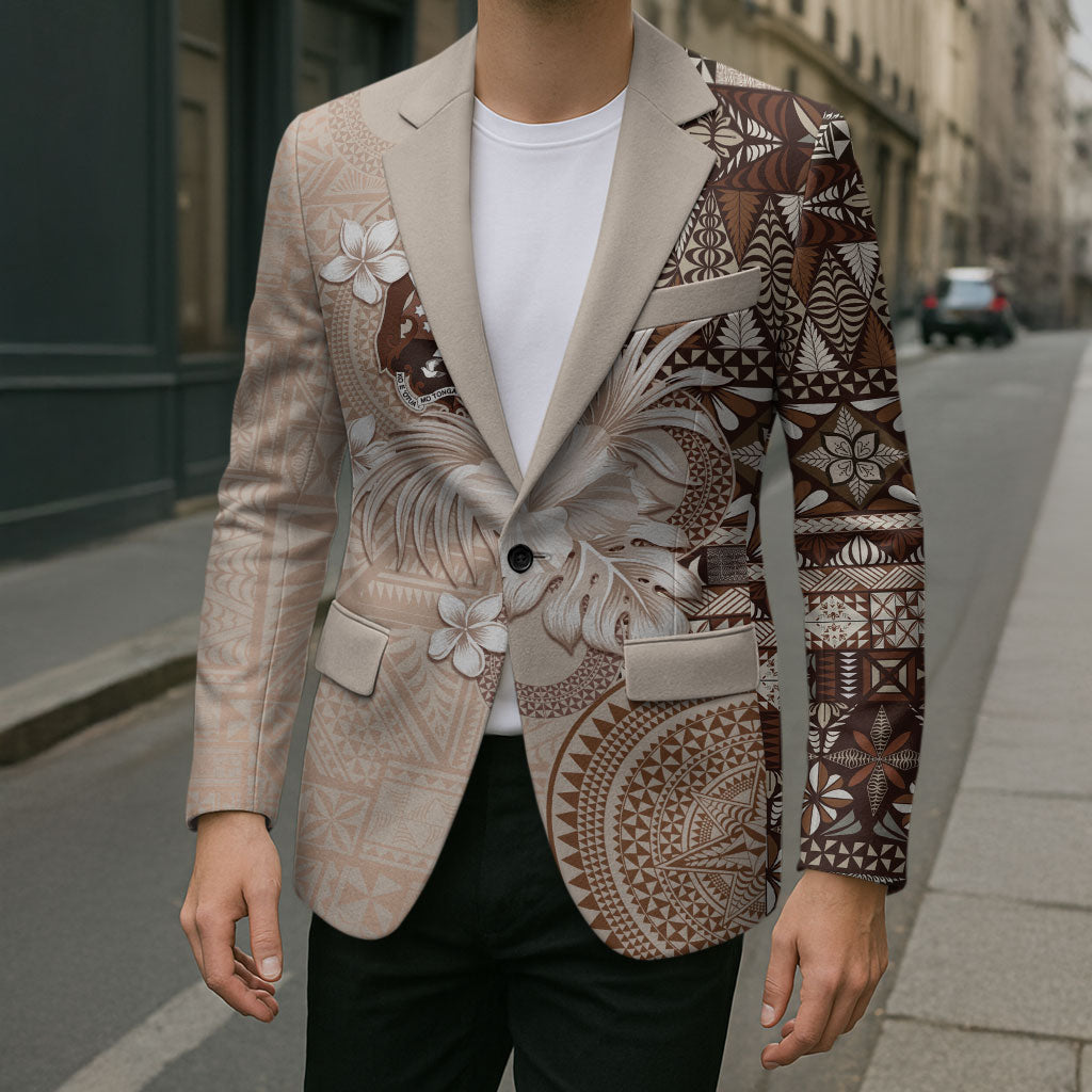 Tonga Ngatu Motifs Blazer With Coat Of Arms Beige LT05 - Polynesian Pride