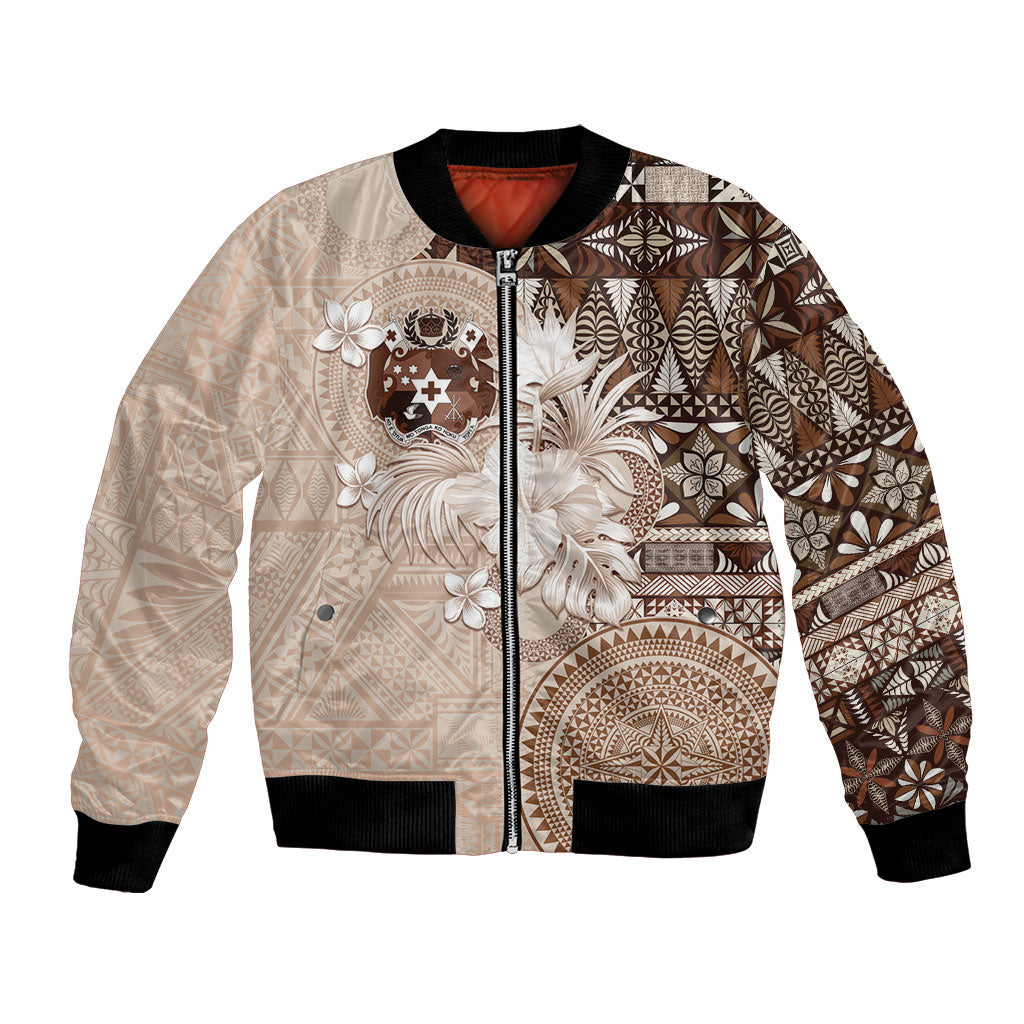 Tonga Ngatu Motifs Bomber Jacket With Coat Of Arms Beige LT05 Unisex Beige - Polynesian Pride