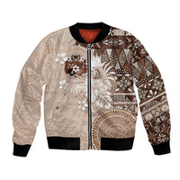 Tonga Ngatu Motifs Bomber Jacket With Coat Of Arms Beige LT05 Unisex Beige - Polynesian Pride