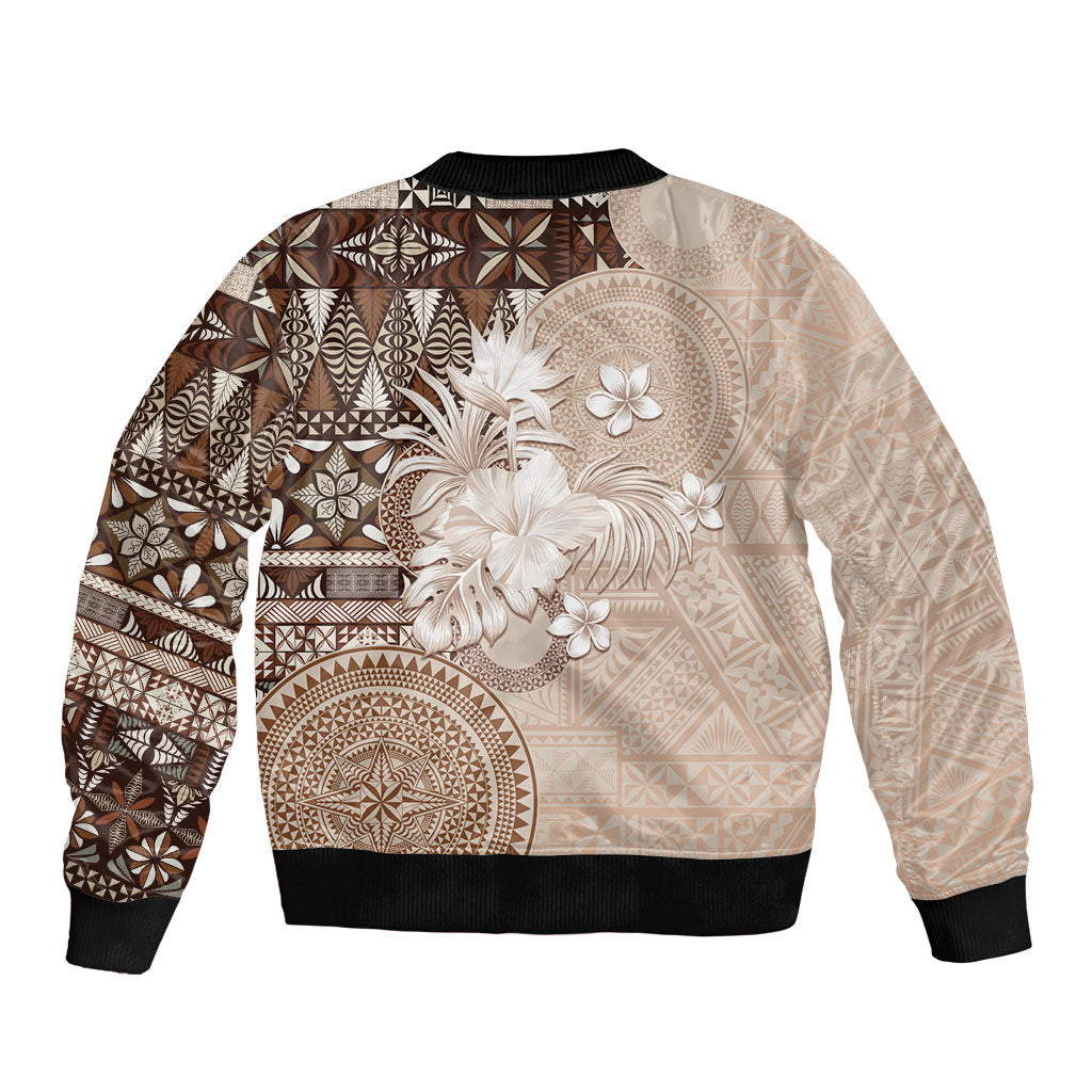 Tonga Ngatu Motifs Bomber Jacket With Coat Of Arms Beige LT05 - Polynesian Pride