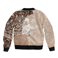 Tonga Ngatu Motifs Bomber Jacket With Coat Of Arms Beige LT05 - Polynesian Pride