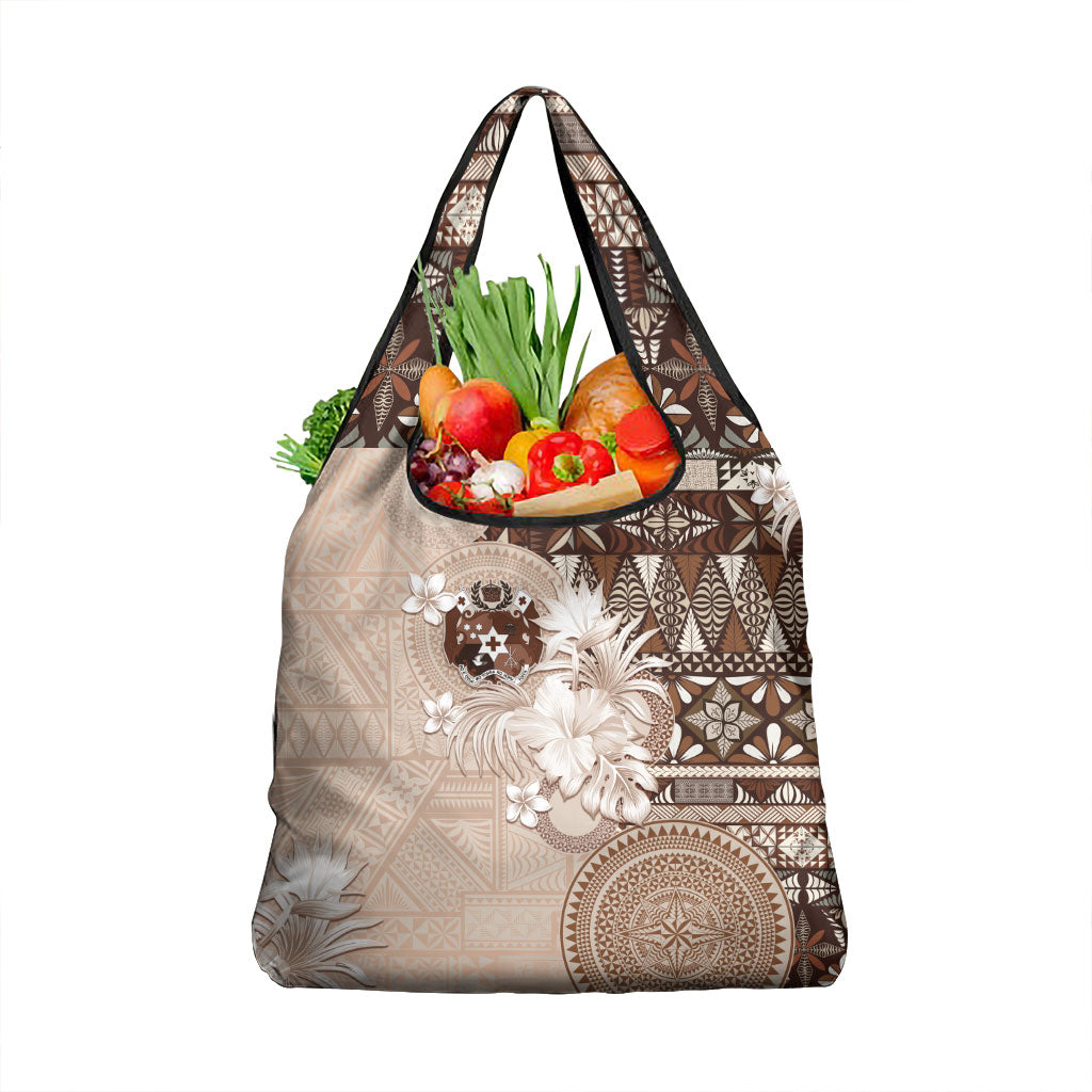 Tonga Ngatu Motifs Grocery Bag With Coat Of Arms Beige LT05 1-pack One Size Beige - Polynesian Pride