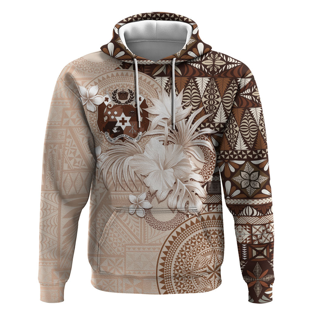 Tonga Ngatu Motifs Hoodie With Coat Of Arms Beige LT05 Pullover Hoodie Beige - Polynesian Pride
