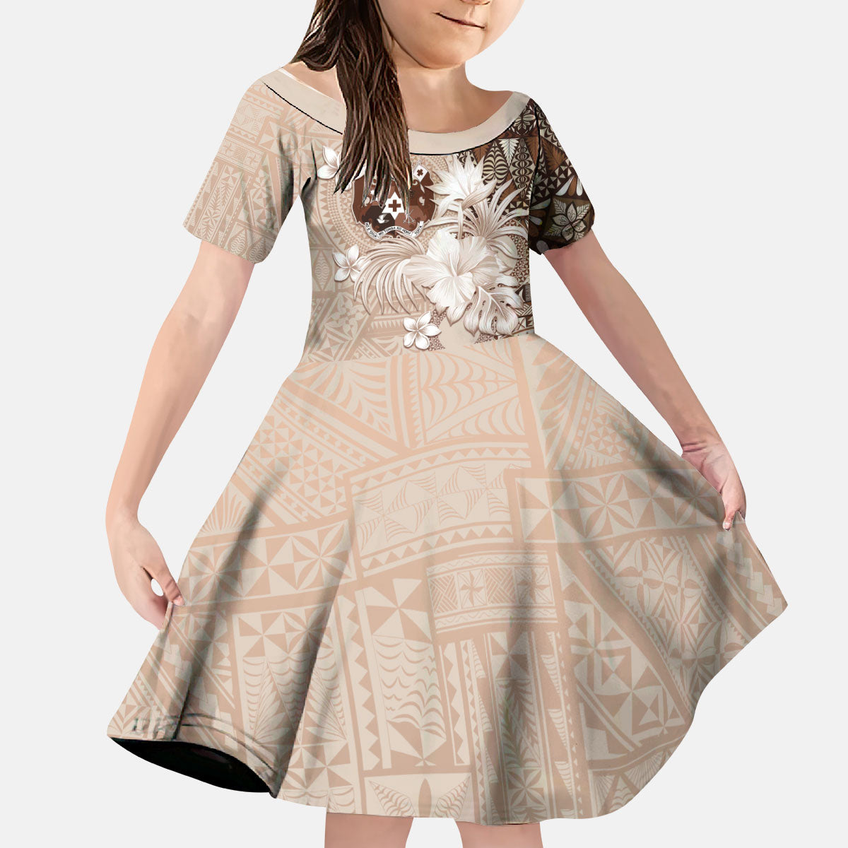 Tonga Ngatu Motifs Kid Short Sleeve Dress With Coat Of Arms Beige LT05 KID Beige - Polynesian Pride