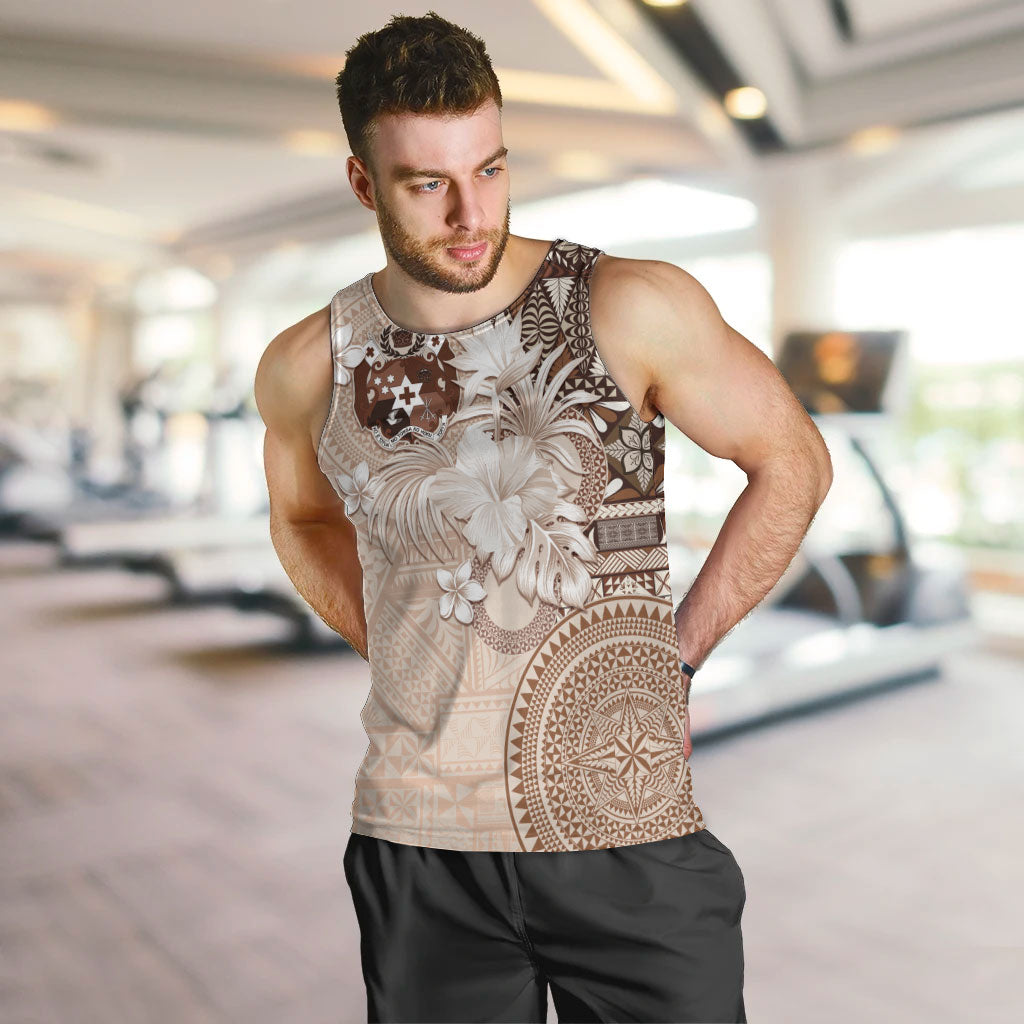 Tonga Ngatu Motifs Men Tank Top With Coat Of Arms Beige LT05 Beige - Polynesian Pride