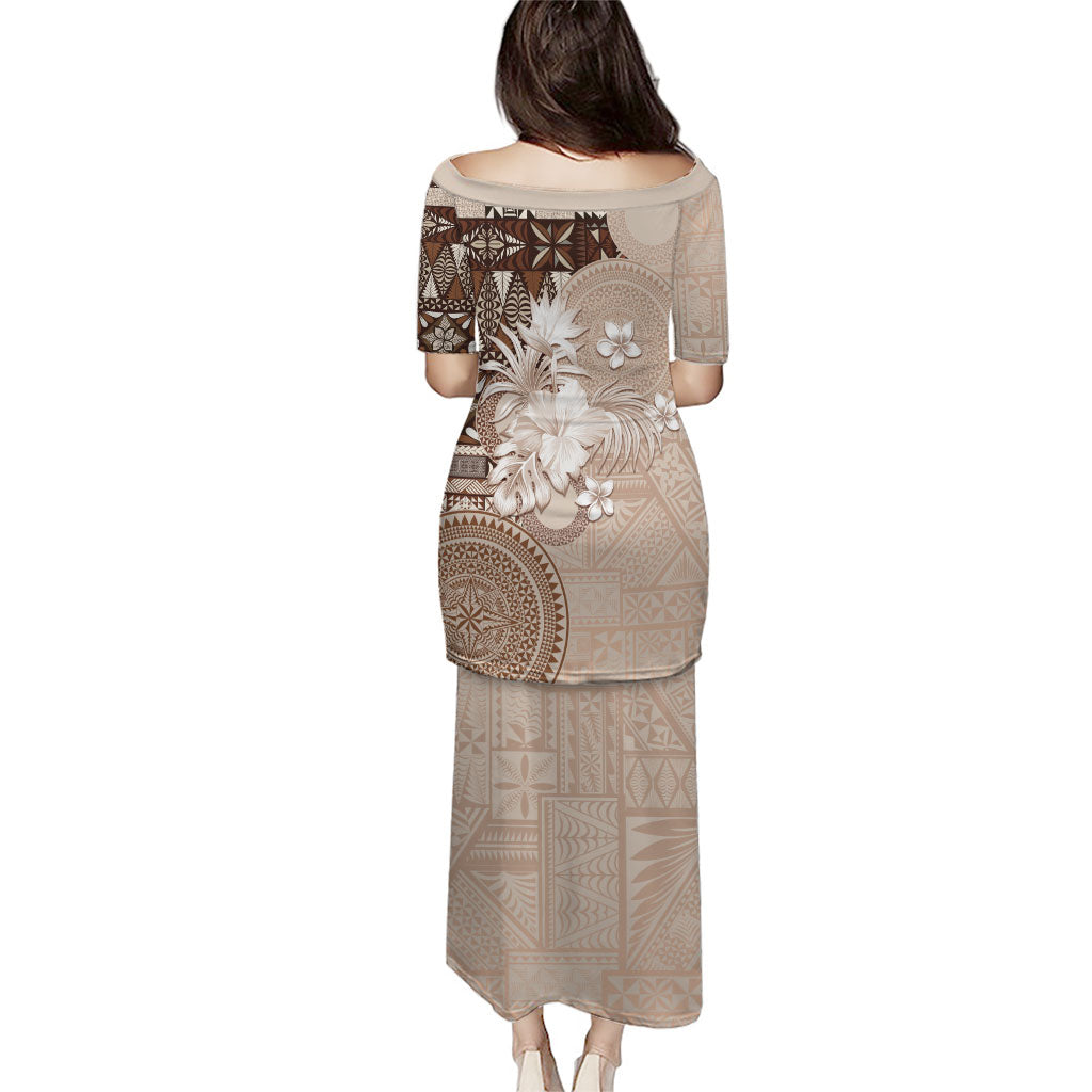 Tonga Ngatu Motifs Puletasi With Coat Of Arms Beige LT05 - Polynesian Pride