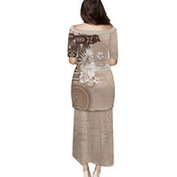Tonga Ngatu Motifs Puletasi With Coat Of Arms Beige LT05 - Polynesian Pride