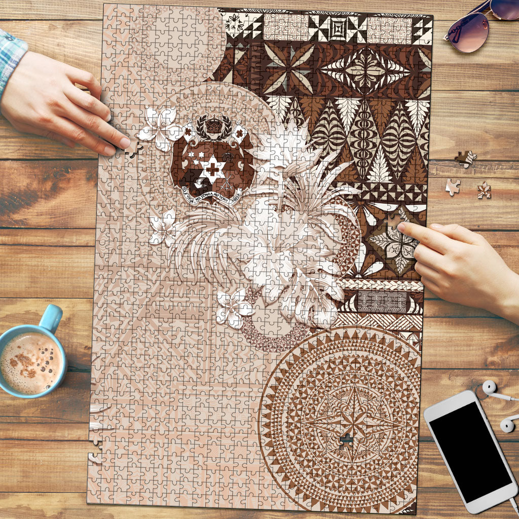 Tonga Ngatu Motifs Puzzle With Coat Of Arms Beige LT05 Beige - Polynesian Pride