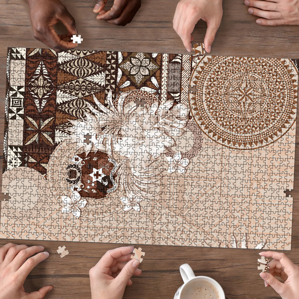 Tonga Ngatu Motifs Puzzle With Coat Of Arms Beige LT05 - Polynesian Pride