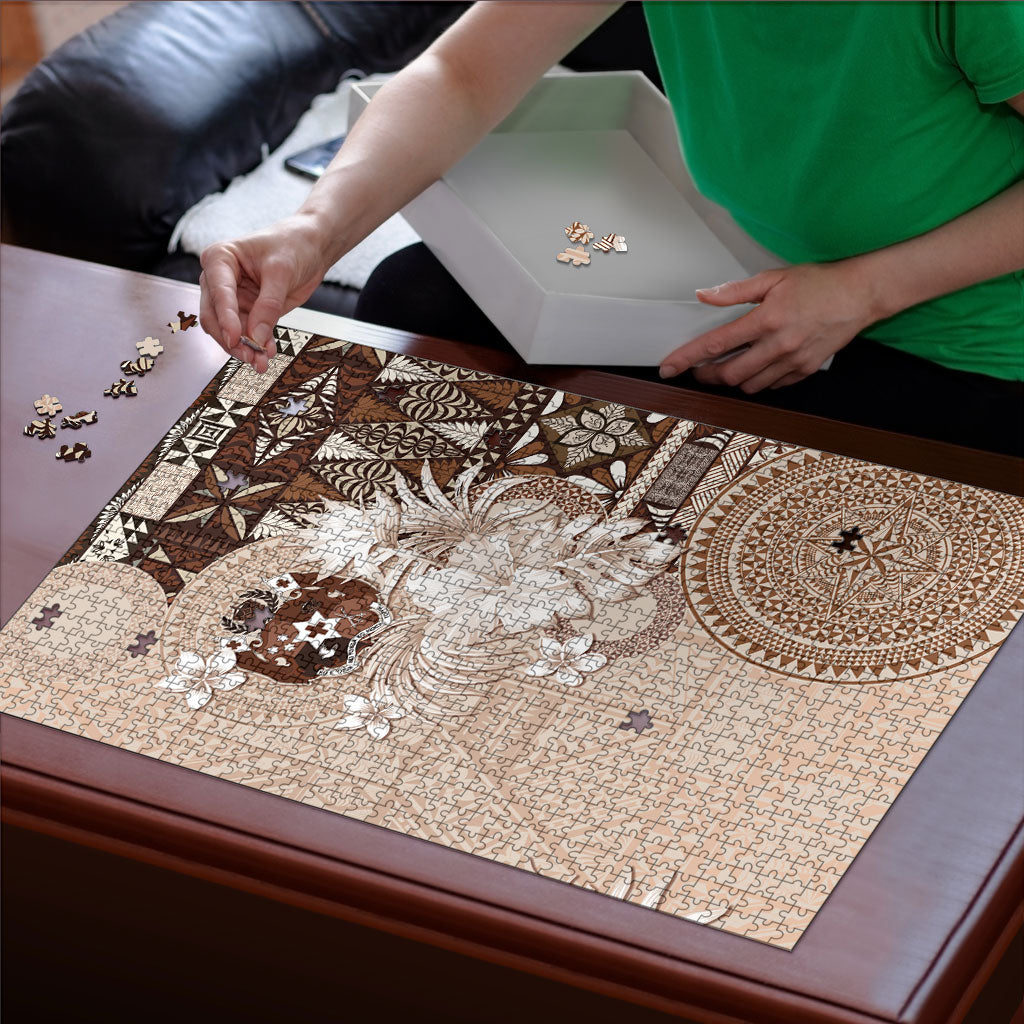 Tonga Ngatu Motifs Puzzle With Coat Of Arms Beige LT05 - Polynesian Pride
