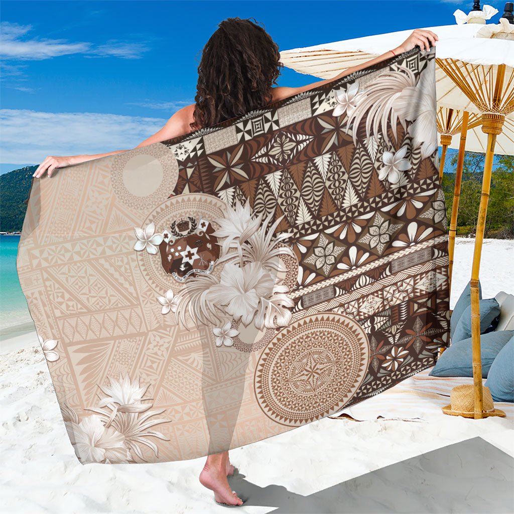 Tonga Ngatu Motifs Sarong With Coat Of Arms Beige LT05 One Size 44 x 66 inches Beige - Polynesian Pride