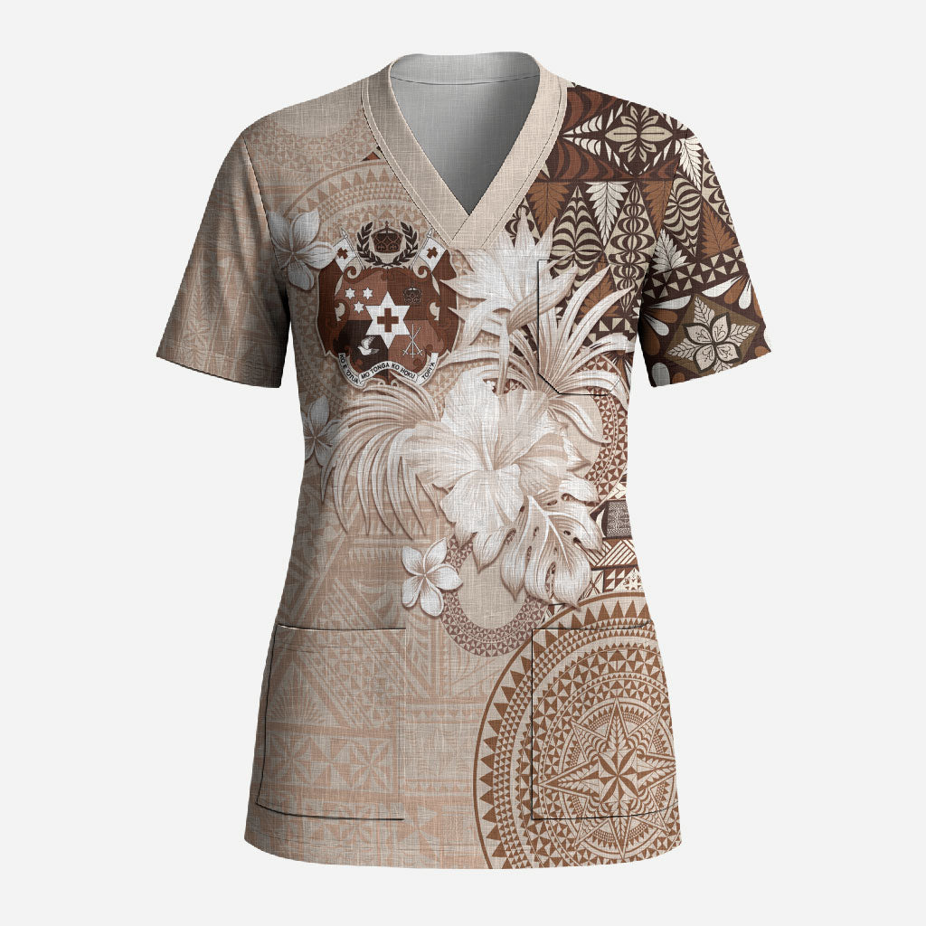 Tonga Ngatu Motifs Scrub Top With Coat Of Arms Beige LT05 Adult Beige - Polynesian Pride