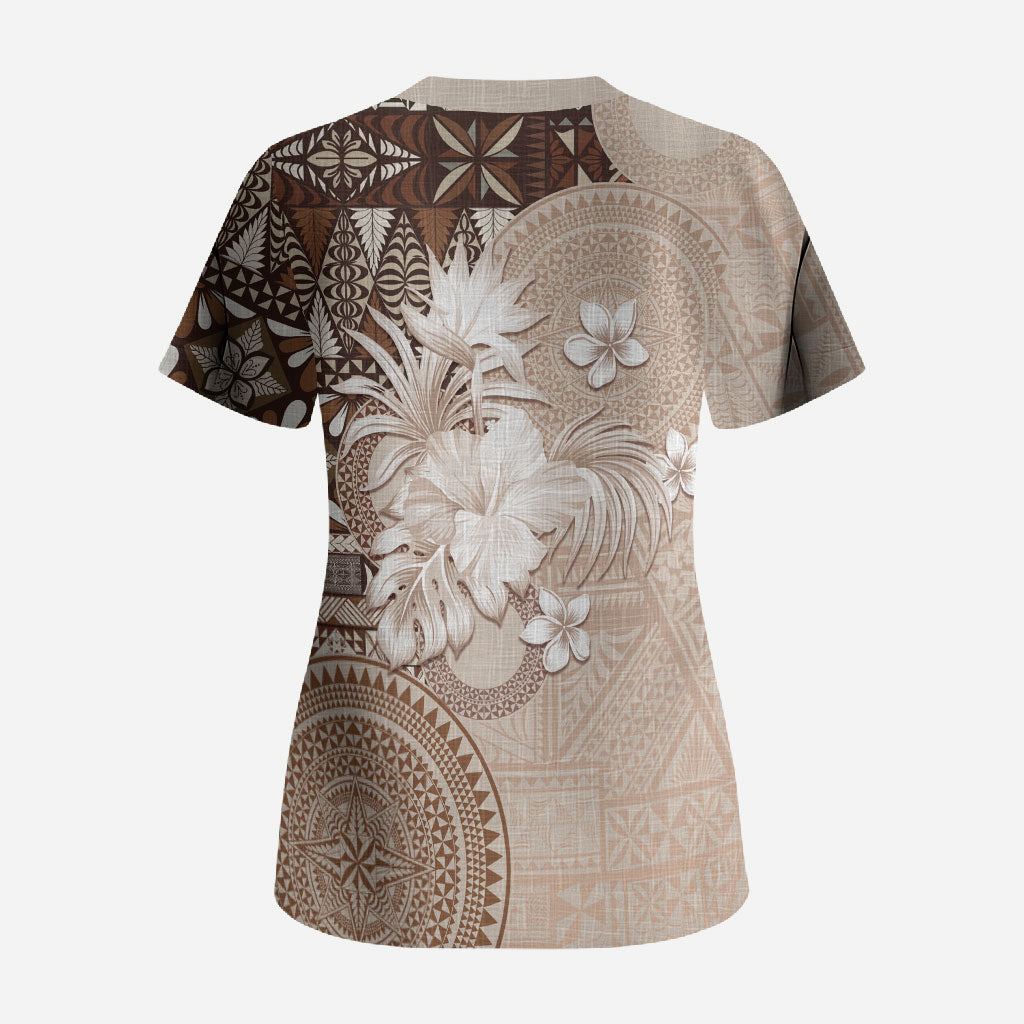 Tonga Ngatu Motifs Scrub Top With Coat Of Arms Beige LT05 - Polynesian Pride