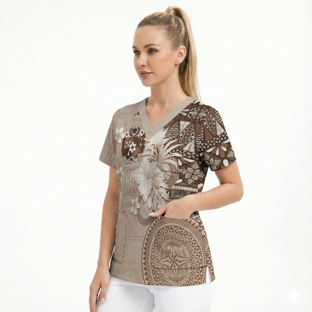 Tonga Ngatu Motifs Scrub Top With Coat Of Arms Beige LT05 - Polynesian Pride