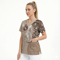 Tonga Ngatu Motifs Scrub Top With Coat Of Arms Beige LT05 - Polynesian Pride