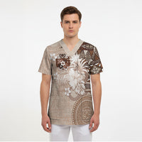 Tonga Ngatu Motifs Scrub Top With Coat Of Arms Beige LT05 - Polynesian Pride