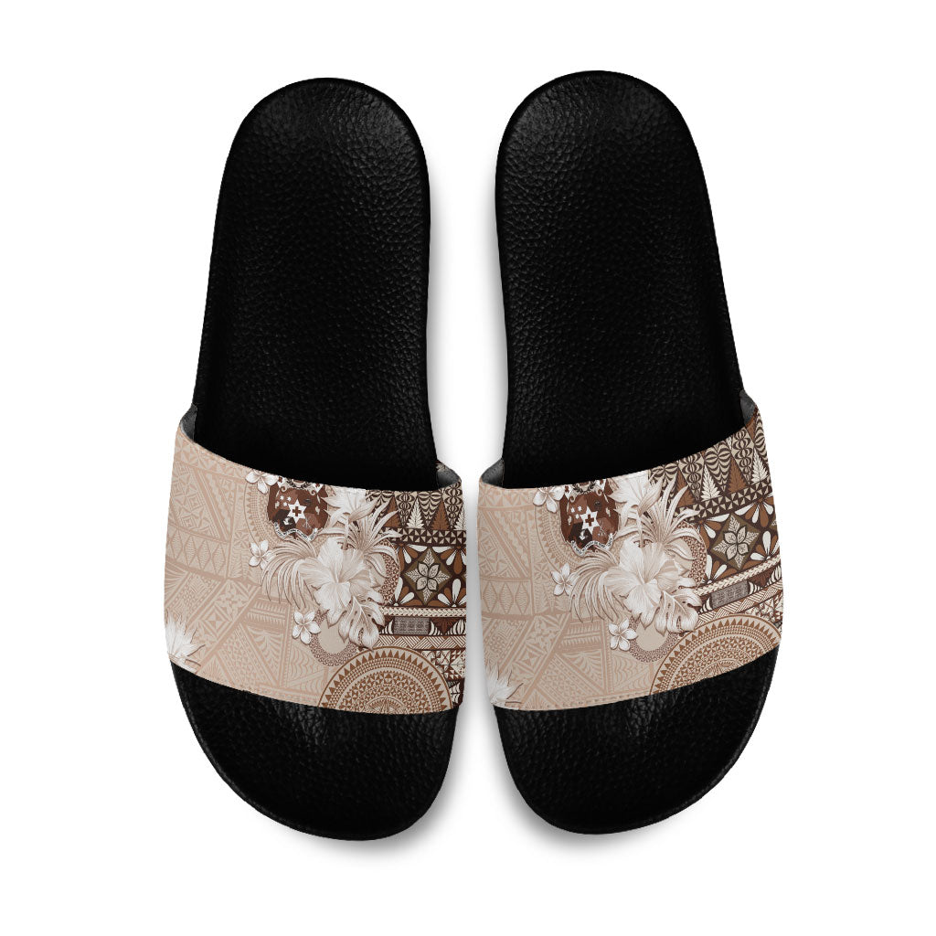 Tonga Ngatu Motifs Slide Sandals With Coat Of Arms Beige LT05 Beige - Polynesian Pride