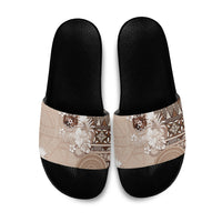 Tonga Ngatu Motifs Slide Sandals With Coat Of Arms Beige LT05 Beige - Polynesian Pride