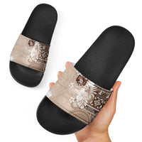 Tonga Ngatu Motifs Slide Sandals With Coat Of Arms Beige LT05 - Polynesian Pride