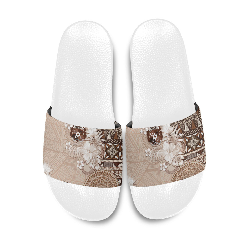 Tonga Ngatu Motifs Slide Sandals With Coat Of Arms Beige LT05 Beige - Polynesian Pride