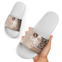 Tonga Ngatu Motifs Slide Sandals With Coat Of Arms Beige LT05 - Polynesian Pride