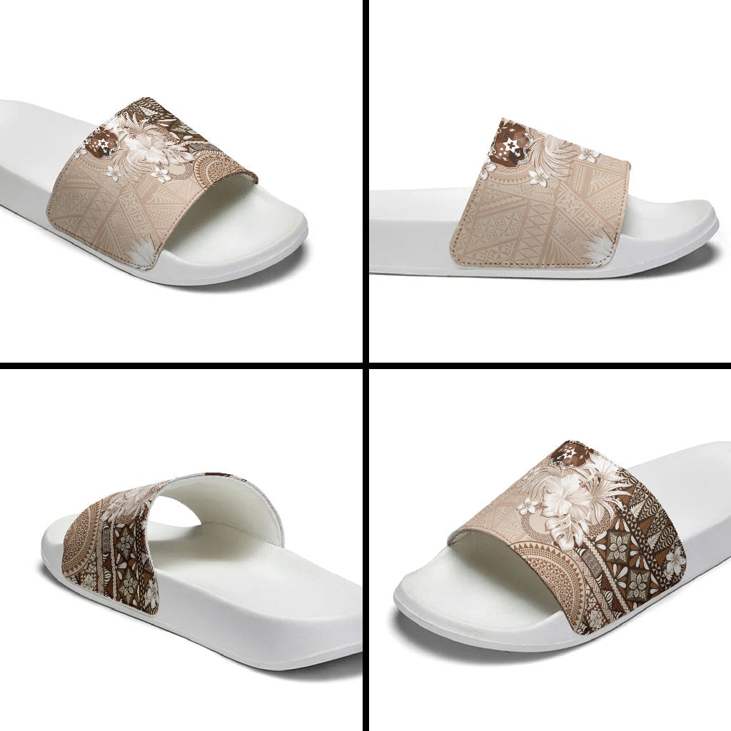 Tonga Ngatu Motifs Slide Sandals With Coat Of Arms Beige LT05 - Polynesian Pride