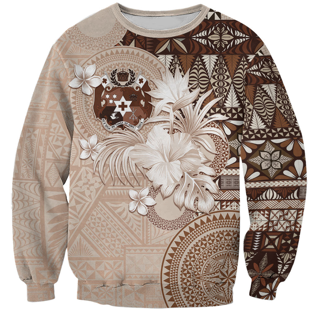 Tonga Ngatu Motifs Sweatshirt With Coat Of Arms Beige LT05 Unisex Beige - Polynesian Pride