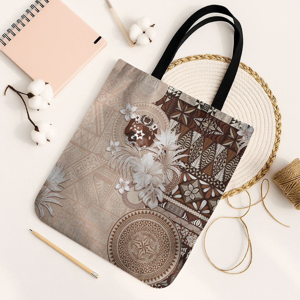 Tonga Ngatu Motifs Tote Bag With Coat Of Arms Beige LT05 Black Strap One Size Beige - Polynesian Pride