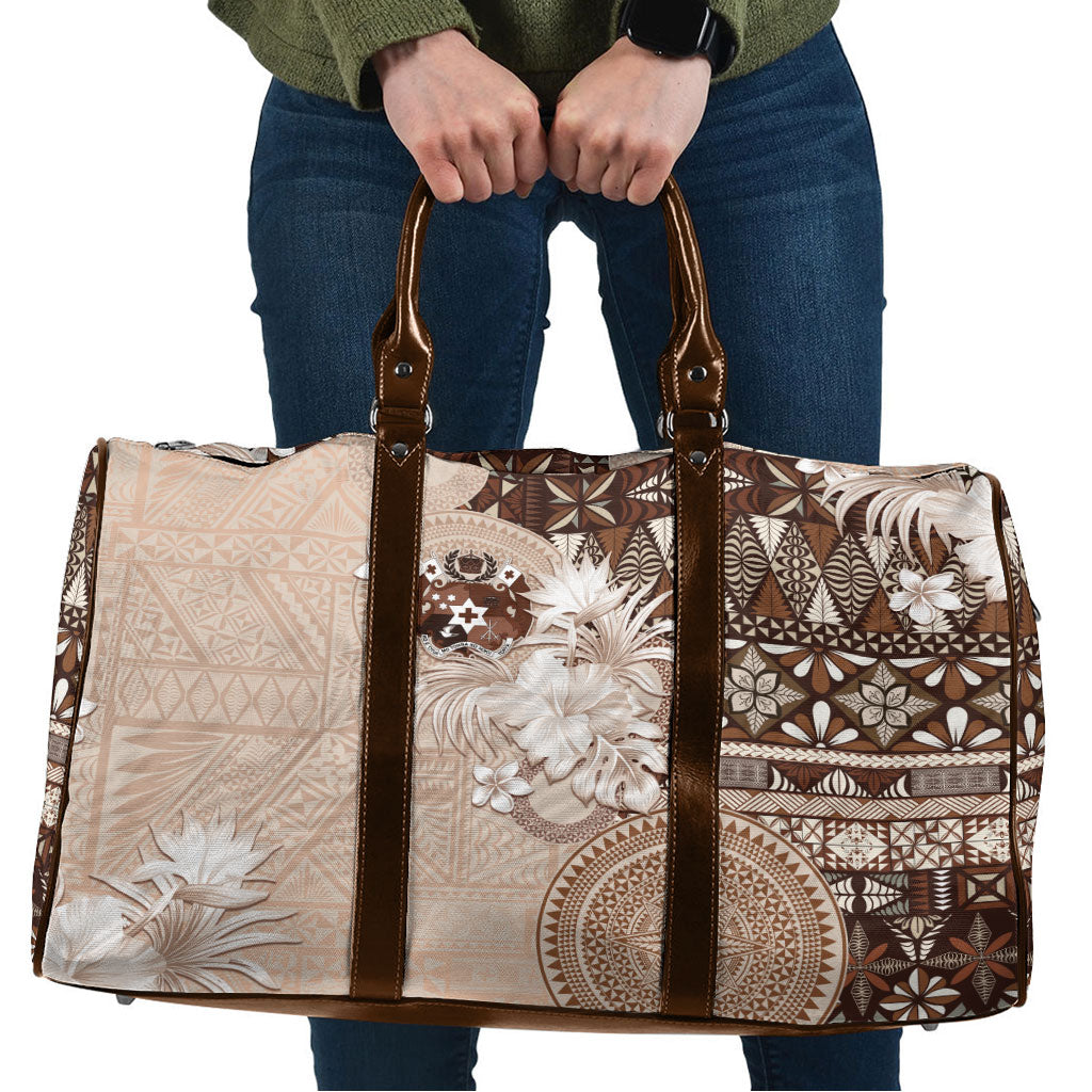 Tonga Ngatu Motifs Travel Bag With Coat Of Arms Beige LT05 Beige - Polynesian Pride