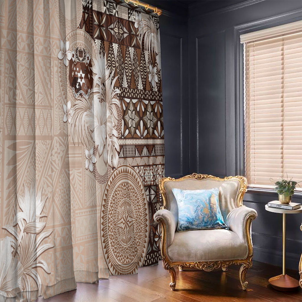 Tonga Ngatu Motifs Window Curtain With Coat Of Arms Beige LT05 - Polynesian Pride