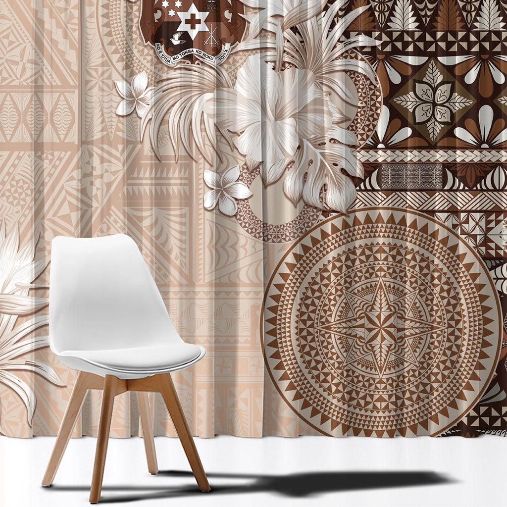 Tonga Ngatu Motifs Window Curtain With Coat Of Arms Beige LT05 - Polynesian Pride
