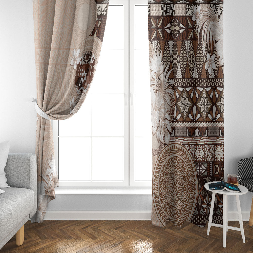 Tonga Ngatu Motifs Window Curtain With Coat Of Arms Beige LT05 - Polynesian Pride