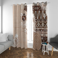 Tonga Ngatu Motifs Window Curtain With Coat Of Arms Beige LT05 With Grommets Beige - Polynesian Pride