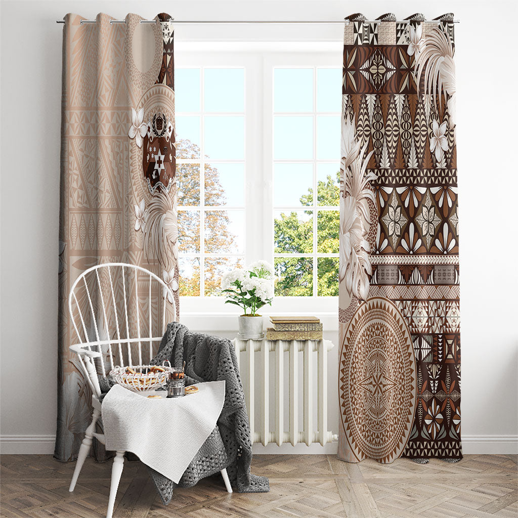 Tonga Ngatu Motifs Window Curtain With Coat Of Arms Beige LT05 - Polynesian Pride