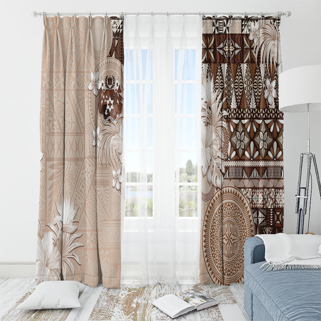 Tonga Ngatu Motifs Window Curtain With Coat Of Arms Beige LT05 - Polynesian Pride