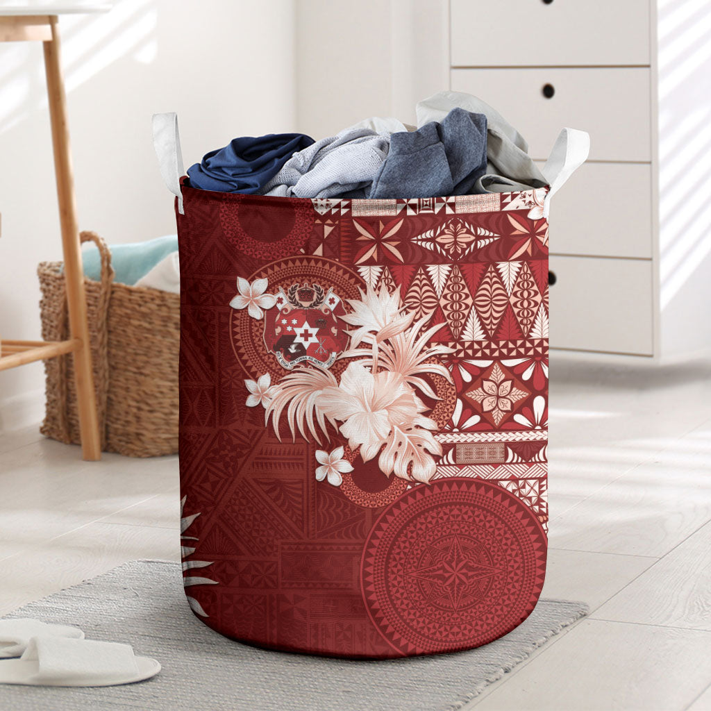 Tonga Ngatu Motifs Laundry Basket With Coat Of Arms Red LT05 Red - Polynesian Pride