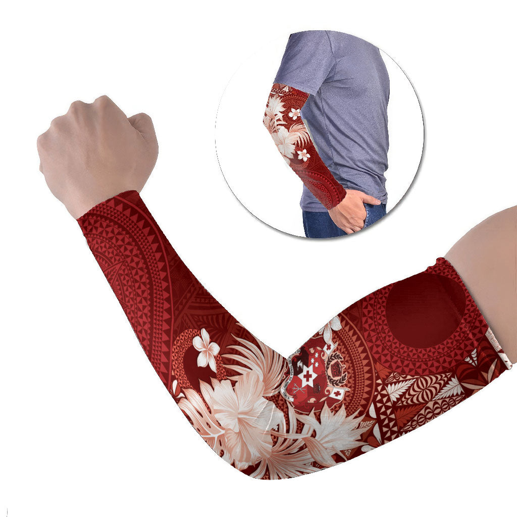 Tonga Ngatu Motifs Arm Sleeves With Coat Of Arms Red LT05 Set of 2 Red - Polynesian Pride