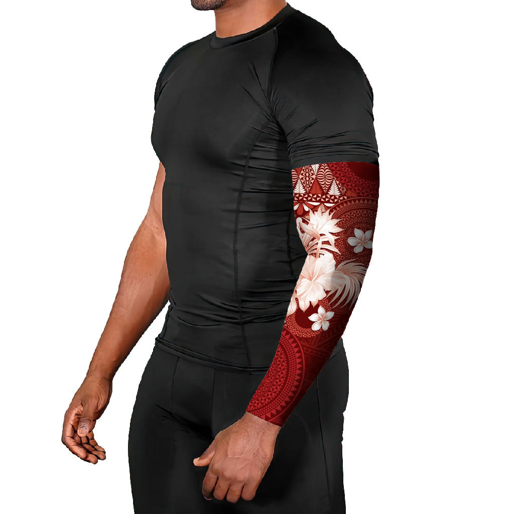 Tonga Ngatu Motifs Arm Sleeves With Coat Of Arms Red LT05 - Polynesian Pride