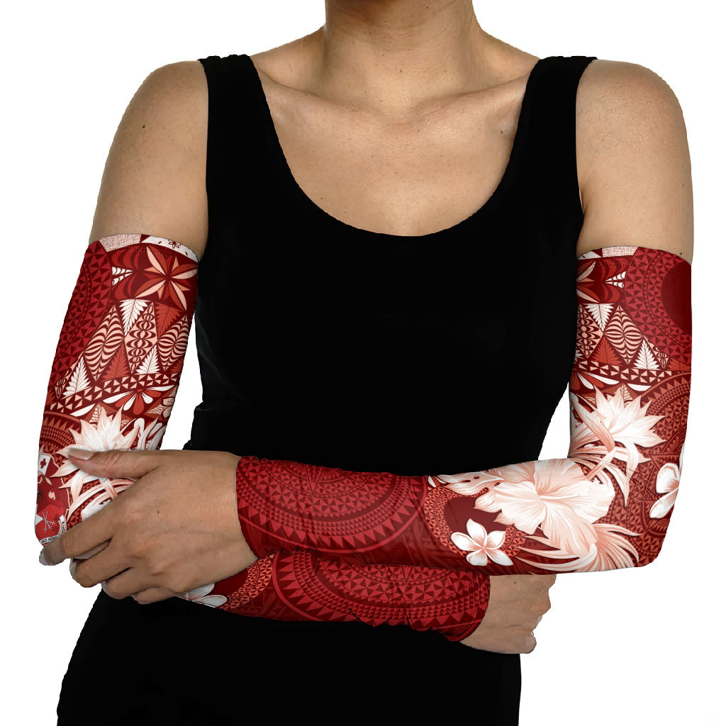 Tonga Ngatu Motifs Arm Sleeves With Coat Of Arms Red LT05 - Polynesian Pride