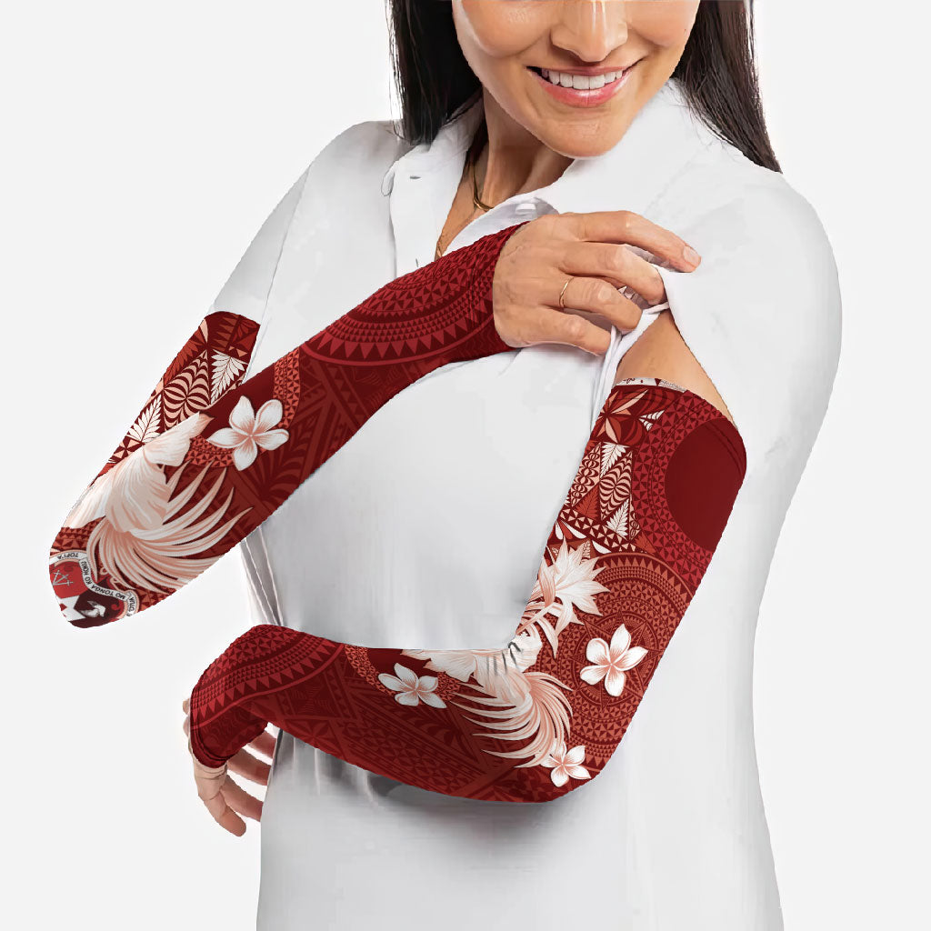 Tonga Ngatu Motifs Arm Sleeves With Coat Of Arms Red LT05 - Polynesian Pride
