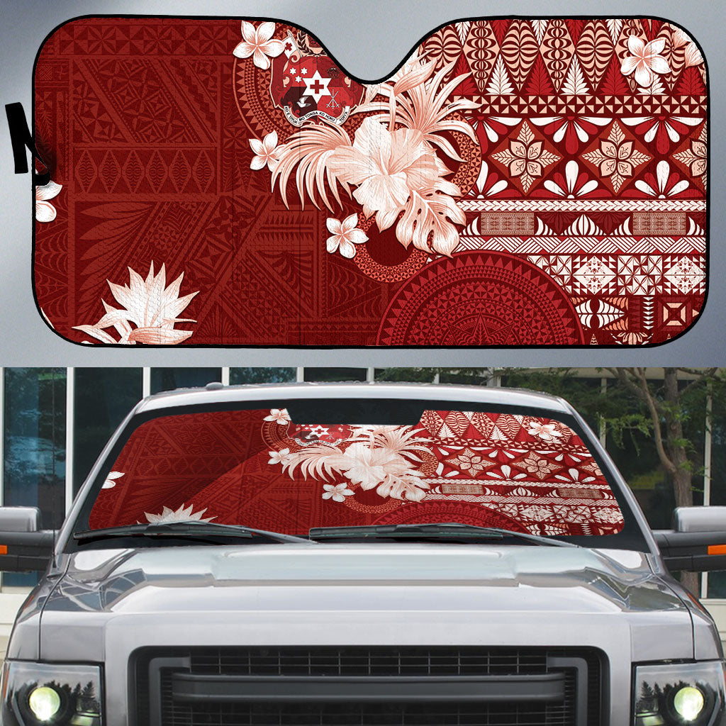 Tonga Ngatu Motifs Auto Sun Shade With Coat Of Arms Red LT05 Red - Polynesian Pride