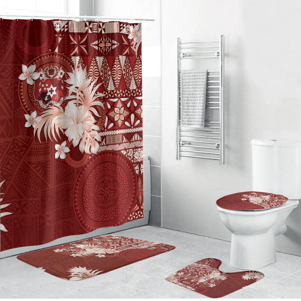 Tonga Ngatu Motifs Bathroom Set With Coat Of Arms Red LT05 Bathroom Set (4 pcs) Red - Polynesian Pride