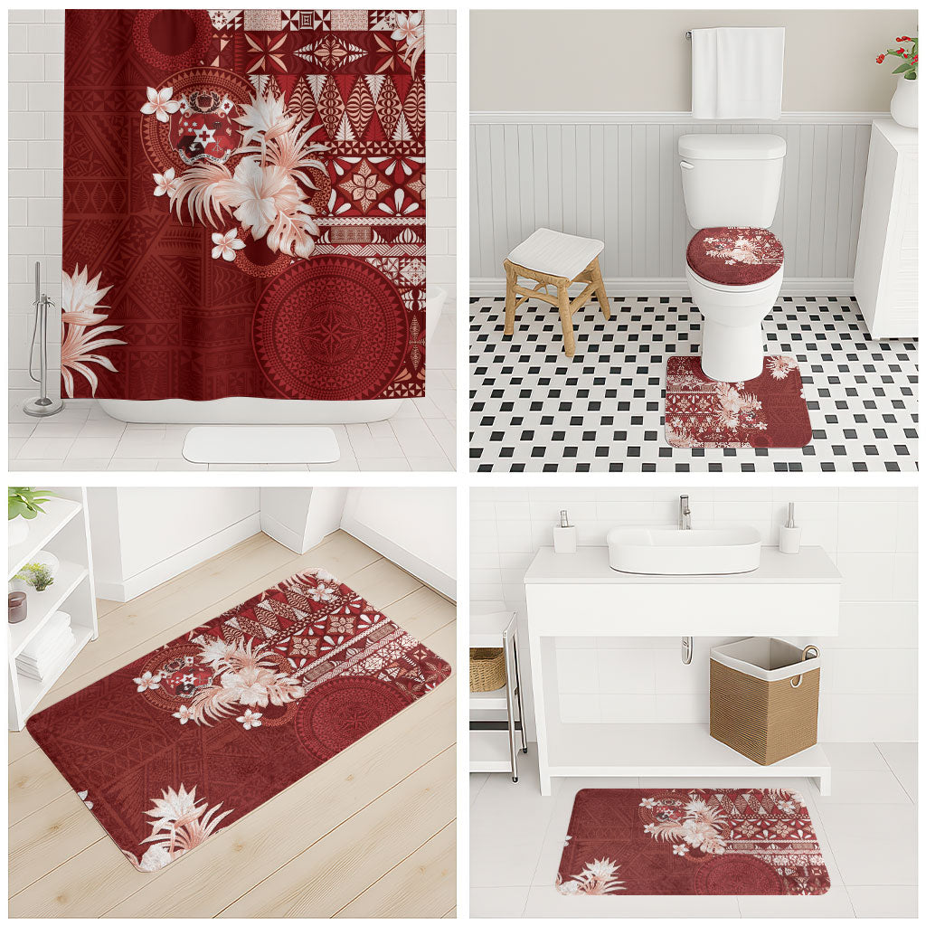 Tonga Ngatu Motifs Bathroom Set With Coat Of Arms Red LT05 - Polynesian Pride
