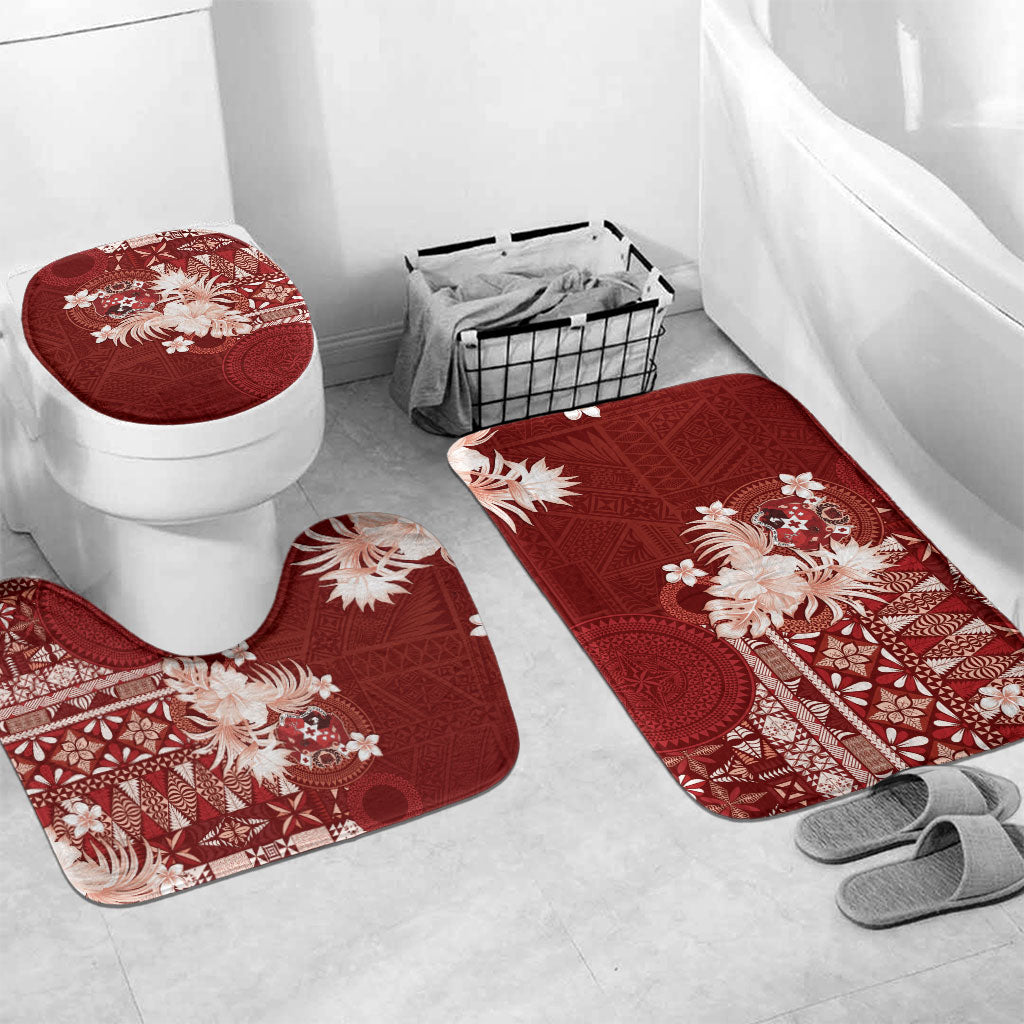Tonga Ngatu Motifs Bathroom Set With Coat Of Arms Red LT05 Mat Set Only (3 pcs) One Size Red - Polynesian Pride