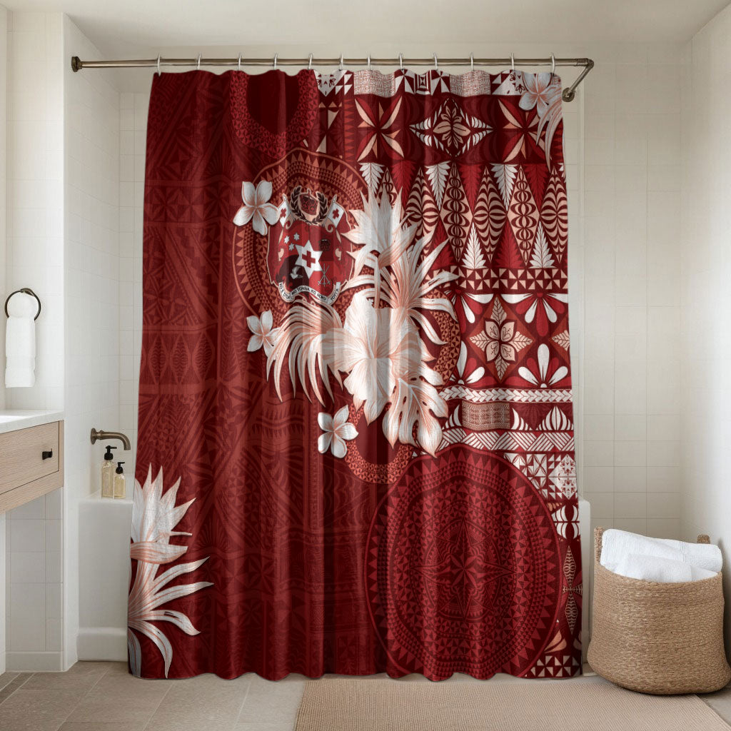 Tonga Ngatu Motifs Bathroom Set With Coat Of Arms Red LT05 Shower Curtain Only Red - Polynesian Pride