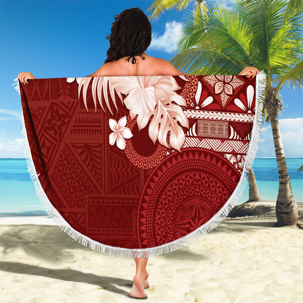 Tonga Ngatu Motifs Beach Blanket With Coat Of Arms Red LT05 - Polynesian Pride