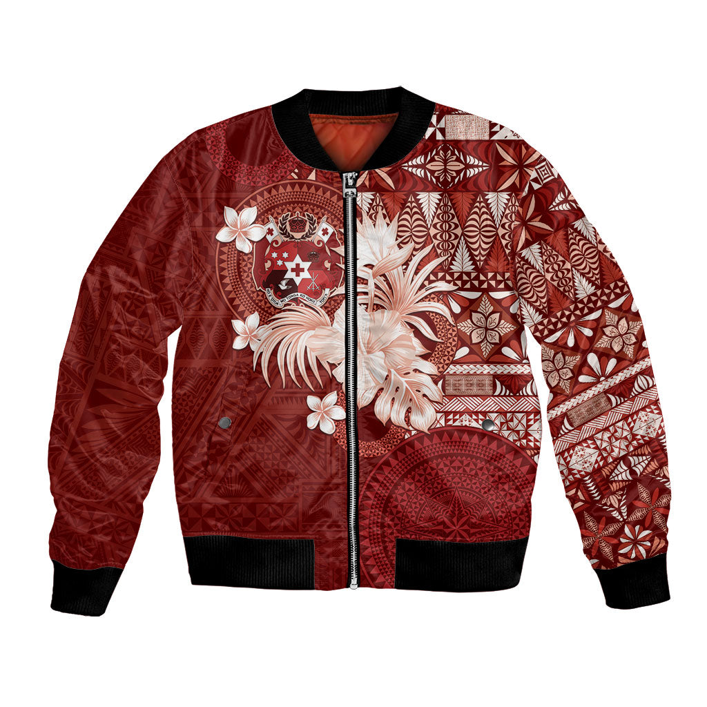 Tonga Ngatu Motifs Bomber Jacket With Coat Of Arms Red LT05 Unisex Red - Polynesian Pride