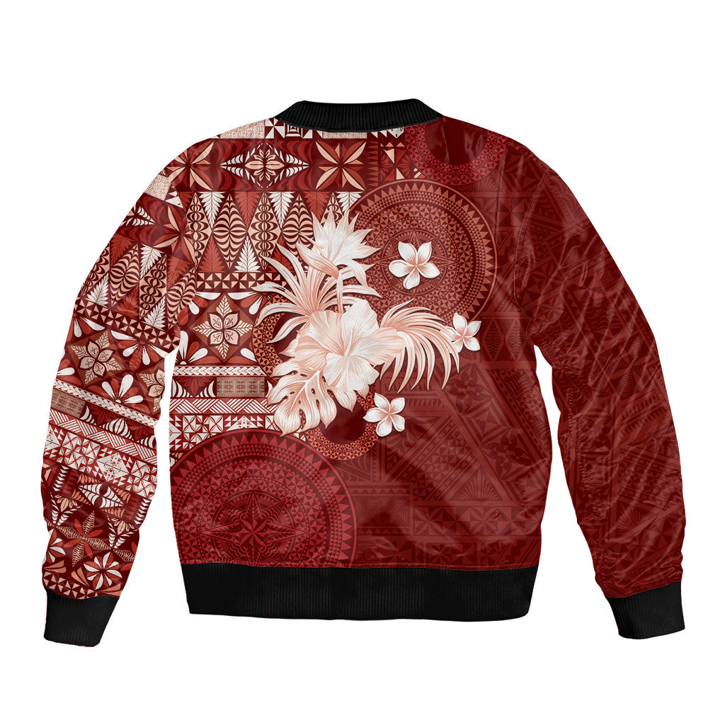 Tonga Ngatu Motifs Bomber Jacket With Coat Of Arms Red LT05 - Polynesian Pride