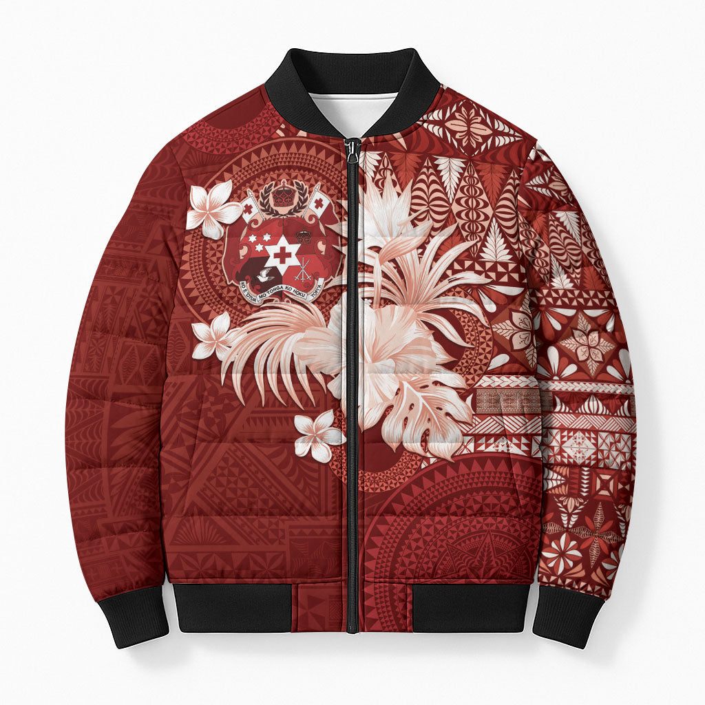 Tonga Ngatu Motifs Bomber Puffer Jacket With Coat Of Arms Red LT05 Unisex Red - Polynesian Pride