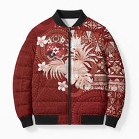 Tonga Ngatu Motifs Bomber Puffer Jacket With Coat Of Arms Red LT05 Unisex Red - Polynesian Pride